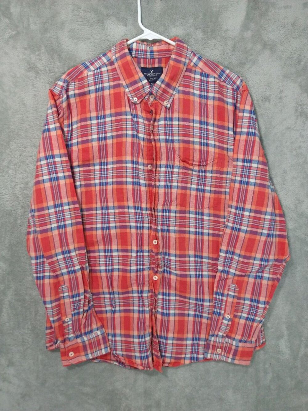 American Eagle Shirt Mens XL Orange Plaid Linen Blend Long Sleeve Classic Fit
